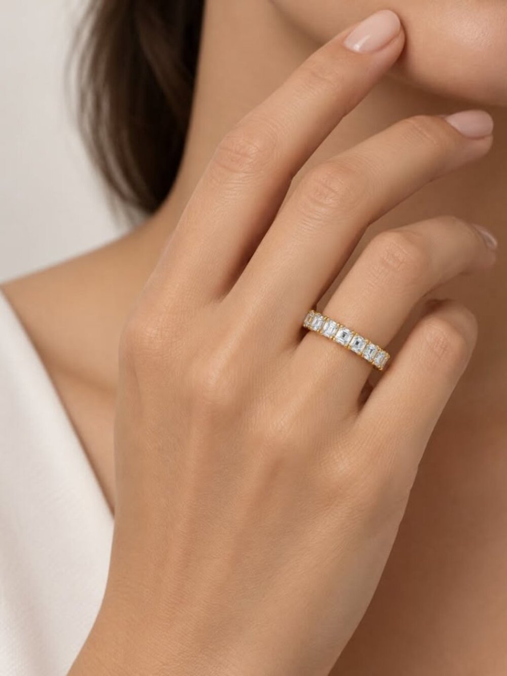 3.17 CTW Asscher Cut Lab Grown Diamond Eternity Ring in 14K Yellow Gold